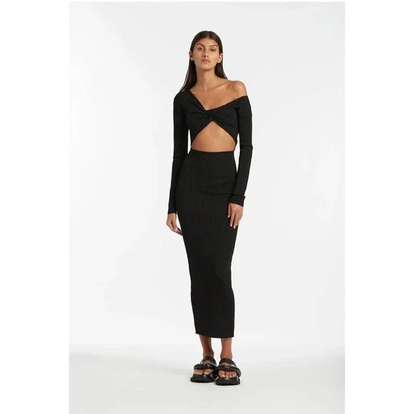 SIR The Label Black Kelvin Off The Shoulder Twisted Cut Out Ribbed Midi 1/S - Picture 3 of 9